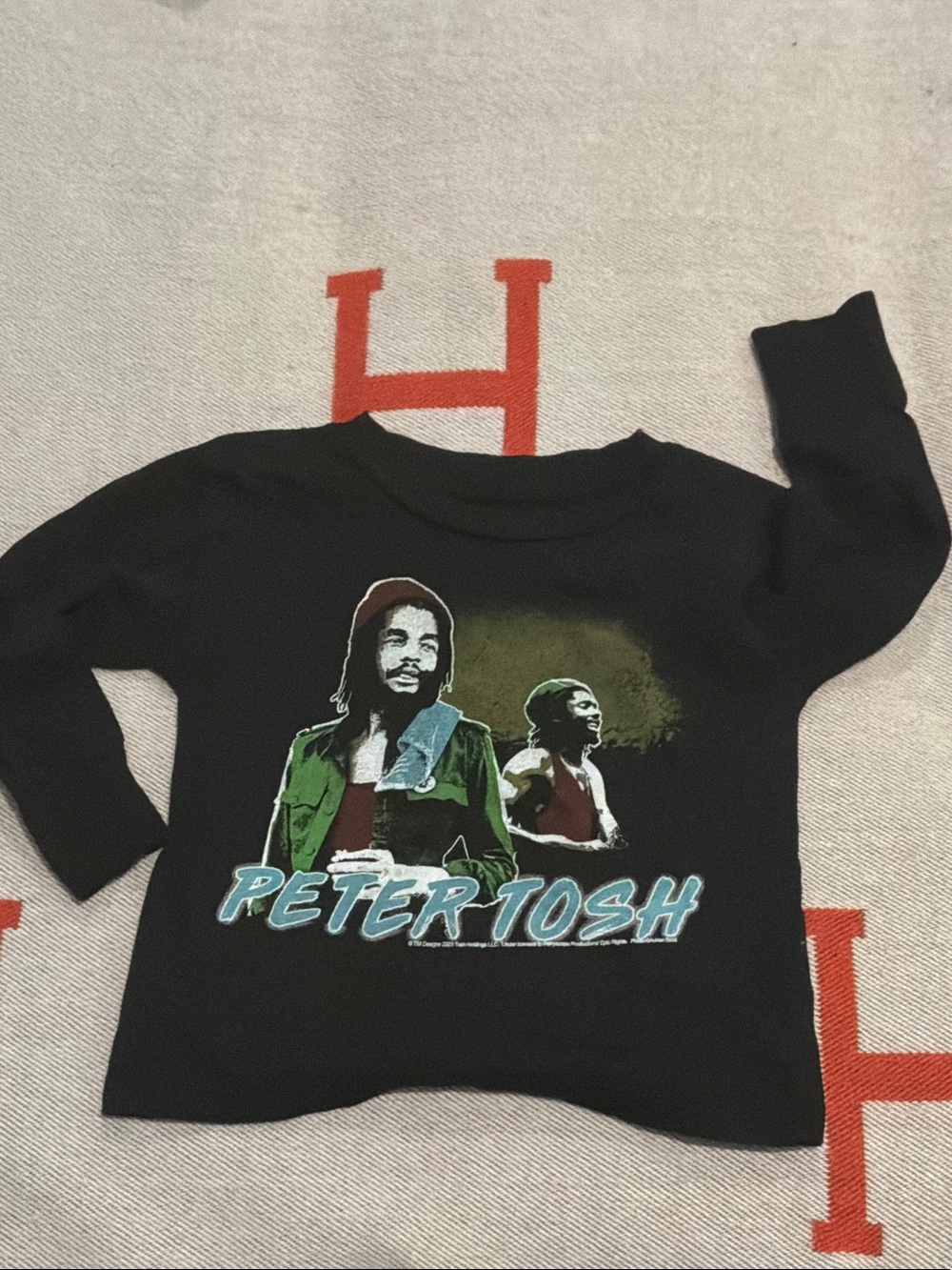 Rowdy Sprout Black Long-Sleeve Tee with Green and Teal Peter Tosh Graphic